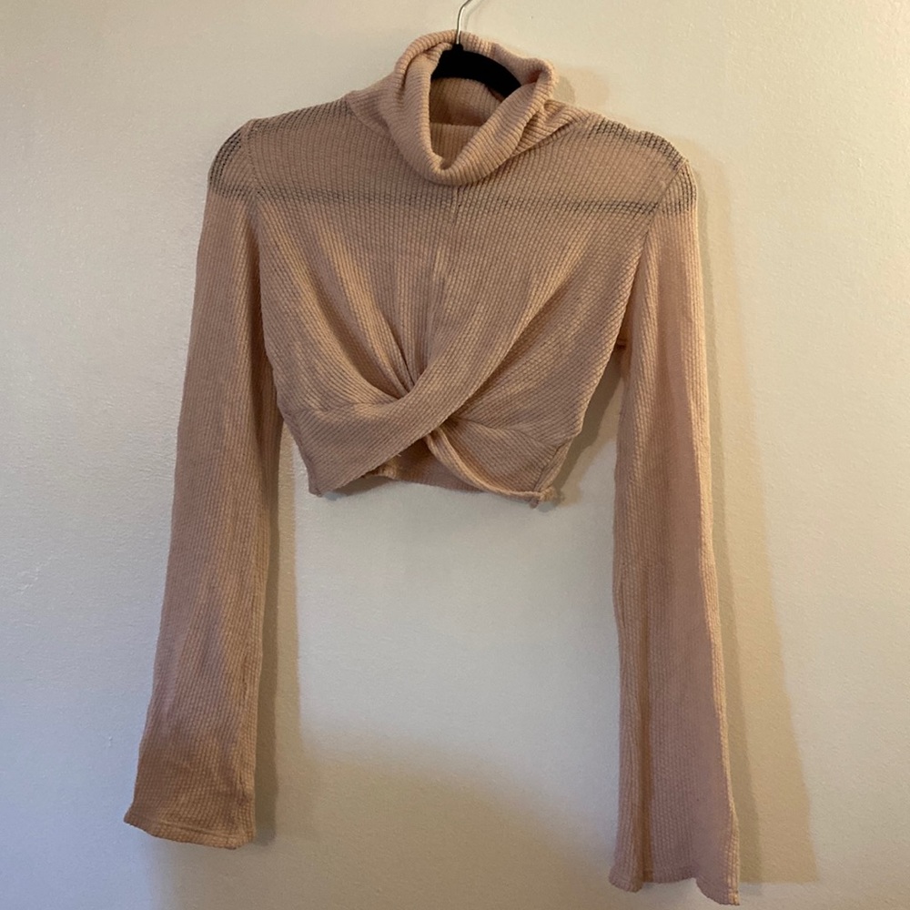 Urban outfitters tan super crop top with flare sleeves and high neck, sz. XS